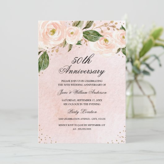 Invitation Rose Pâle Or Floral Anniversaire (Debout devant)