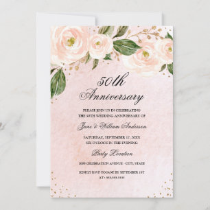 Invitation Rose Pâle Or Floral Anniversaire
