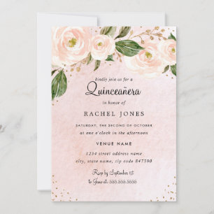Invitation Rose Pâle Or Floral Quinceanera Anniversaire