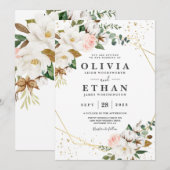 Invitation Rose Pâle Or Géométrique et Fleur de Magnolia Blan (Devant / Derrière)