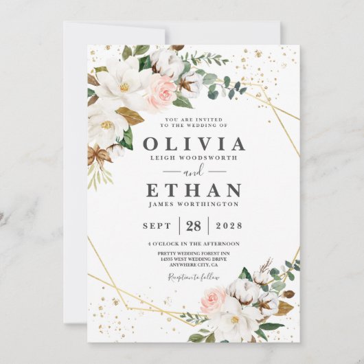 Invitation Rose Pâle Or Géométrique et Magnolia Blanc Flora (Devant)