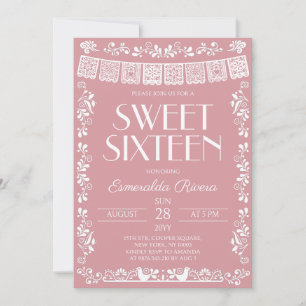 Invitation Rose Pâle Papel Picado Anniversaire des Seize Ans