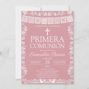 Invitation Rose Pâle Papel Picado Première Communion