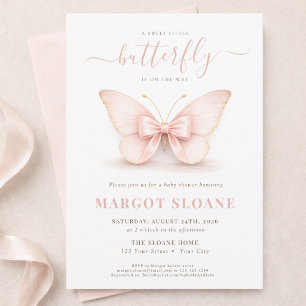Invitation Rose Pâle Petit Papillon Nœud Fille Baby Shower