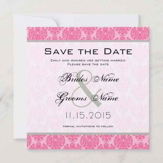 Invitation Rose Pâle Rose Chaud Mariage Damask Save the Date (Devant)