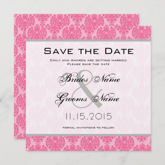 Invitation Rose Pâle Rose Chaud Mariage Damask Save the Date (Devant / Derrière)