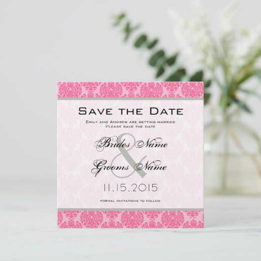 Invitation Rose Pâle Rose Chaud Mariage Damask Save the Date (Debout devant)