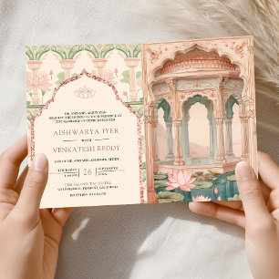Invitation Rose Pâle Vert Menthe Mariage Indien Lotus Garden