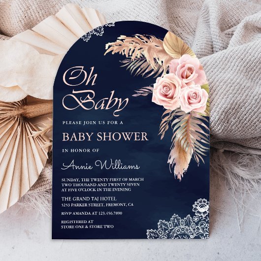 Invitation Rose Pampas poussiéreuse rose clair Arche bébé ble
