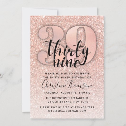 Invitation Rose Parties scintillant d'or 39e anniversaire Inv (Devant)