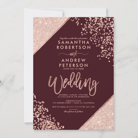 Invitation Rose parties scintillant d'or confetti tout en un  (Devant)