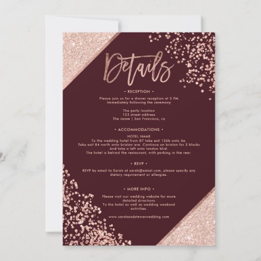 Invitation Rose parties scintillant d'or confetti tout en un  (Dos)