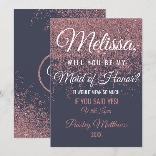 Invitation Rose Parties scintillant d'or étincelle marine ble (Devant / Derrière)