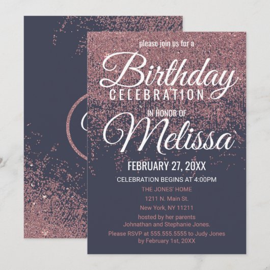Invitation Rose Parties scintillant d'or étincelle Marine ble (Devant / Derrière)