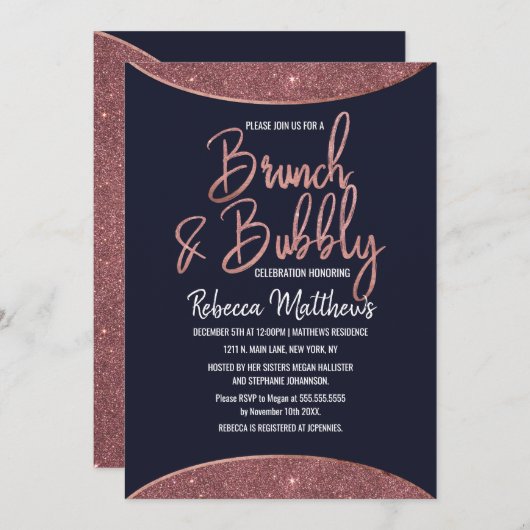 Invitation Rose Parties scintillant d'or Marine Blue Circulai (Devant / Derrière)