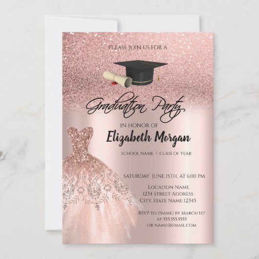 Invitation Rose Parties scintillant d'or Robe Graduation Cap  (Devant)
