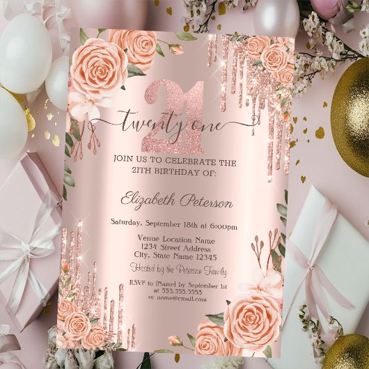 Invitation Rose Parties scintillant Drips Rose Gold 21e anniv