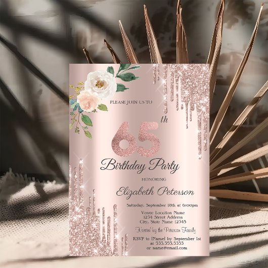 Invitation Rose Parties scintillant Drips Rose Gold 65e anniv