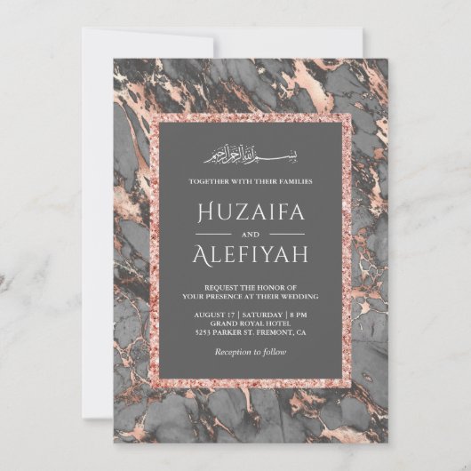 Invitation Rose Parties scintillant or acier gris marbre Mari (Devant)