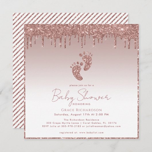 Invitation rose Parties scintillant or Baby shower (Devant / Derrière)