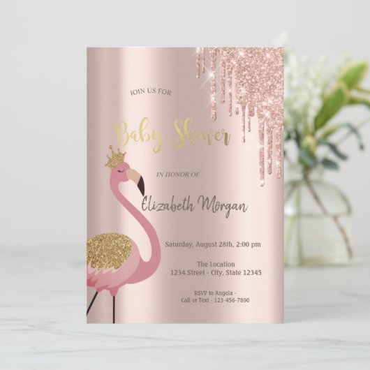 Invitation Rose Parties scintillant or   Baby shower Flamant  (Debout devant)