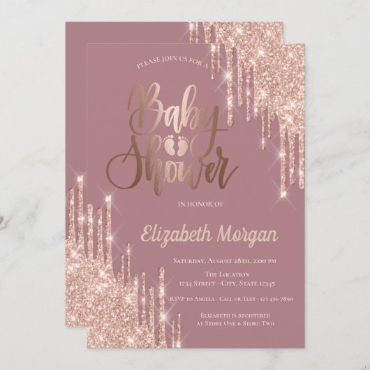 Invitation Rose Parties scintillant or Baby shower pieds béb (Devant / Derrière)