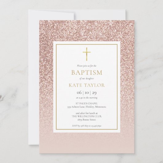 Invitation Rose Parties scintillant or Baptême Christening (Devant)