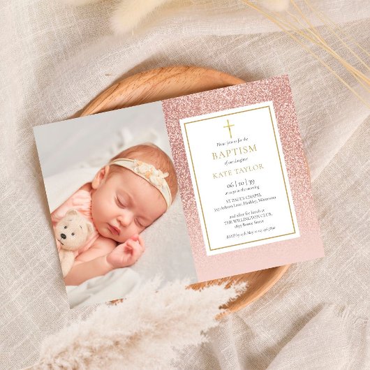 Invitation Rose Parties scintillant or Baptême Christening Ph