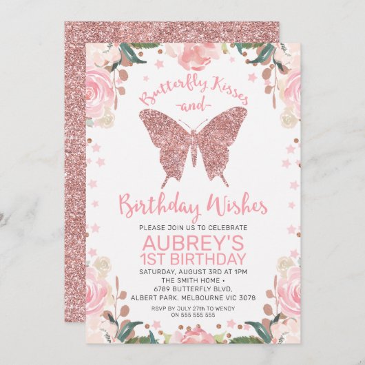 Invitation Rose Parties scintillant or Bisous papillon voeux  (Devant / Derrière)
