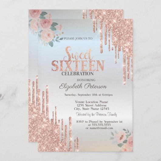 Invitation Rose Parties scintillant or  Boho Roses Silver Swe (Devant / Derrière)
