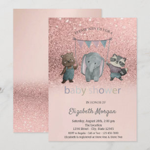 Invitation Rose Parties scintillant or Bokeh, Animaux Baby sh