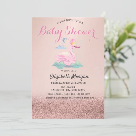 Invitation Rose Parties scintillant or Bokeh, Baby shower cyg (Debout devant)