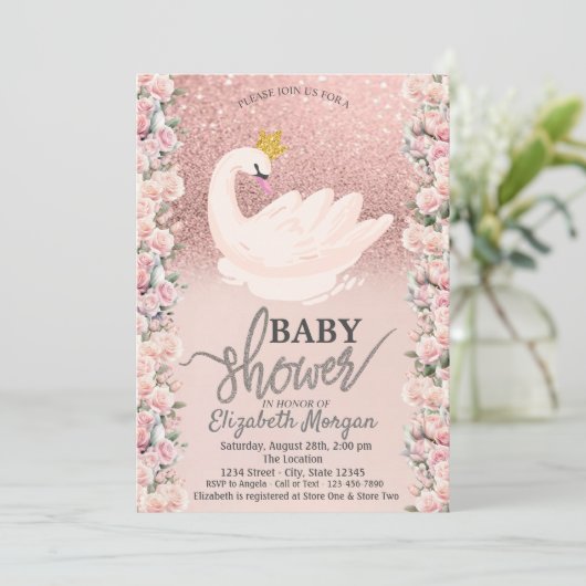 Invitation Rose Parties scintillant or Bokeh, Baby shower Ros (Debout devant)