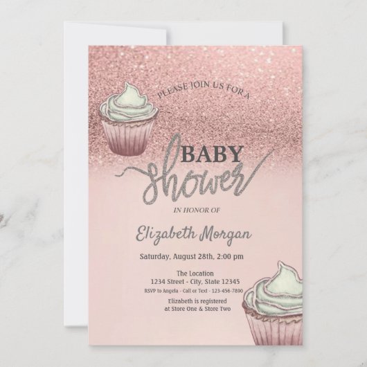 Invitation Rose Parties scintillant or Bokeh Cupcakes (Devant)