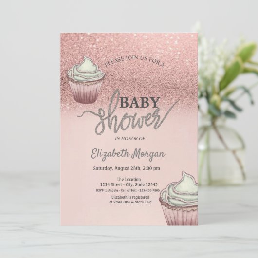 Invitation Rose Parties scintillant or Bokeh Cupcakes (Debout devant)