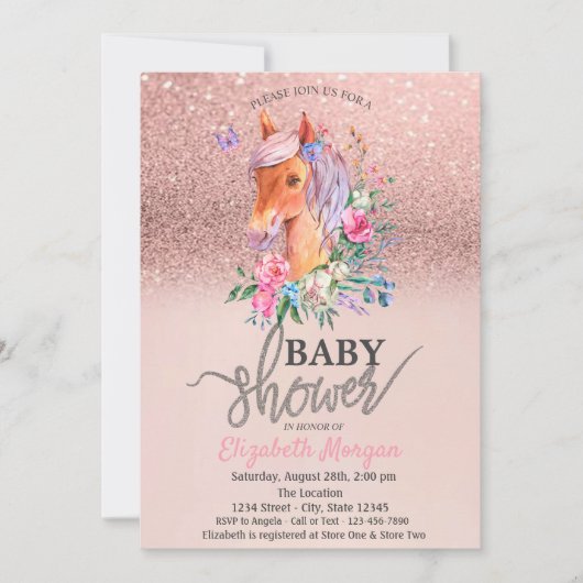 Invitation Rose Parties scintillant or Bokeh Floral Pony Baby (Devant)