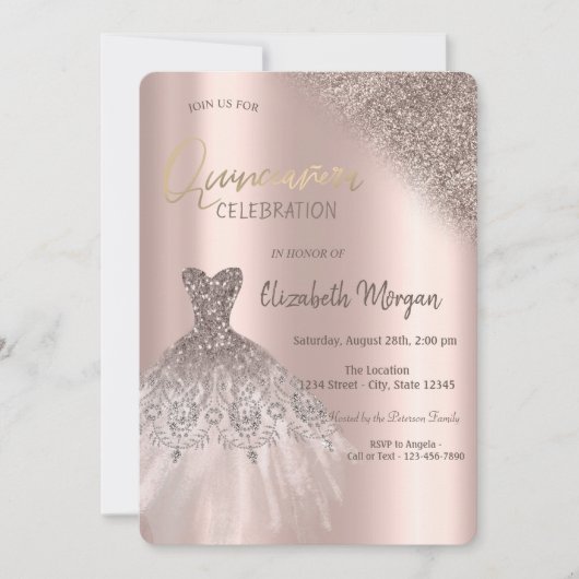 Invitation Rose Parties scintillant or Bokeh robe Quinceañera (Devant)