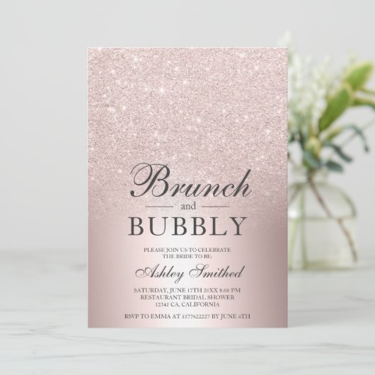 Invitation Rose parties scintillant or brunch bubbly nuptiale (Debout devant)