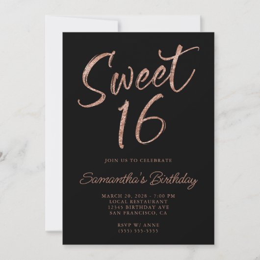 Invitation Rose Parties scintillant or Brush Script Sweet 16  (Devant)