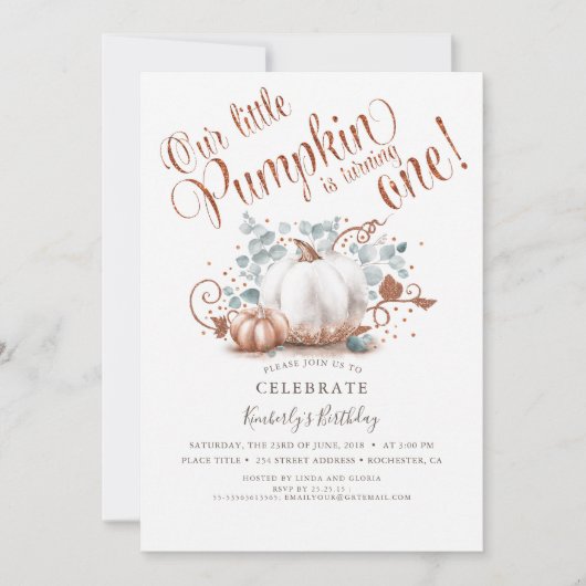 Invitation Rose Parties scintillant or Citrouille automne 1er (Devant)