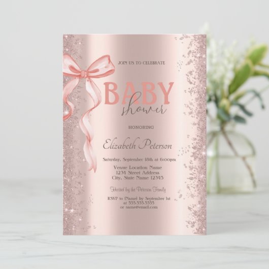 Invitation Rose Parties scintillant or Confetti Baby shower B (Debout devant)