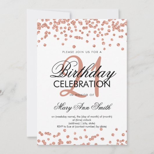 Invitation Rose Parties scintillant or Confetti Blanc 21e ann (Devant)