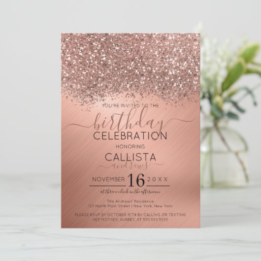 Invitation Rose Parties scintillant or Confetti Metallday (Debout devant)
