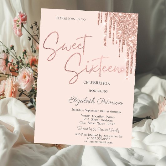 Invitation Rose Parties scintillant or  Drips Blush Rose Swee