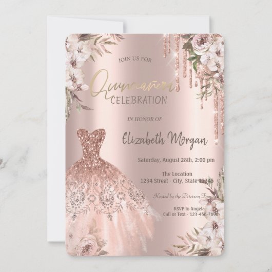 Invitation Rose Parties scintillant or Drives Fleurs de robe (Devant)