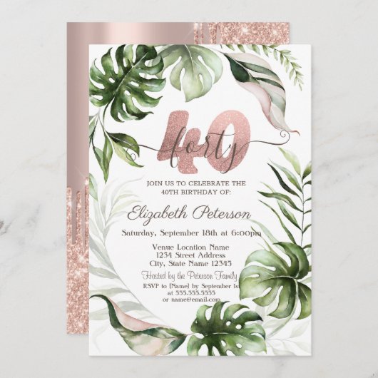 Invitation Rose Parties scintillant or Feuille 40e anniversai (Devant / Derrière)