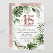 Invitation Rose Parties scintillant or Feuilles 15e (Devant / Derrière)