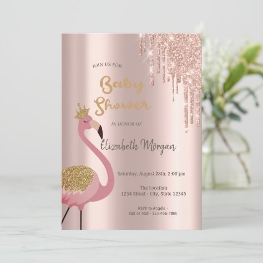 Invitation Rose Parties scintillant or, Flamants roses roses  (Debout devant)