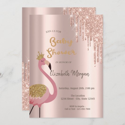 Invitation Rose Parties scintillant or, Flamants roses roses  (Devant / Derrière)