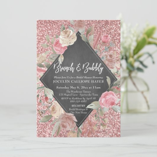 Invitation Rose Parties scintillant or Floral Chalkboard Brun (Debout devant)